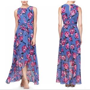 SLNY | Purple Pink Floral High-Lo Maxi Dress